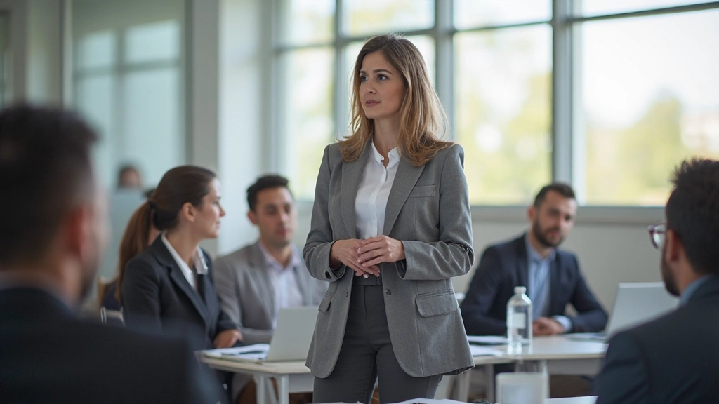 Преподаватель проводит обучение группе слушателей в классе